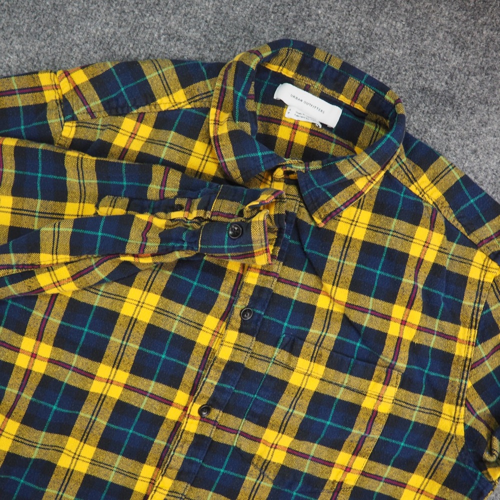Urban Outfitters Flannel Shirt Mens Small Plaid Yellow Blue Green Grunge Skater